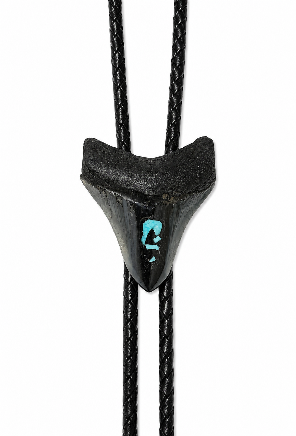 Medium 2.75” Inlayed Turquoise + Pyrite Tooth, Sterling Silver Premium Tips, Black Braided Leather