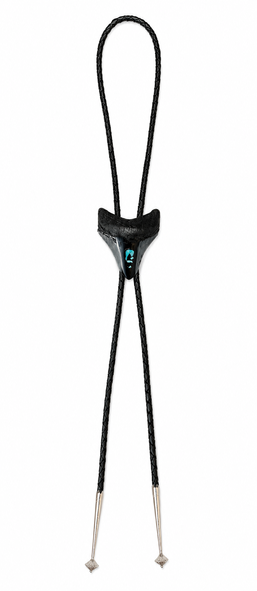 Medium 2.75” Inlayed Turquoise + Pyrite Tooth, Sterling Silver Premium Tips, Black Braided Leather