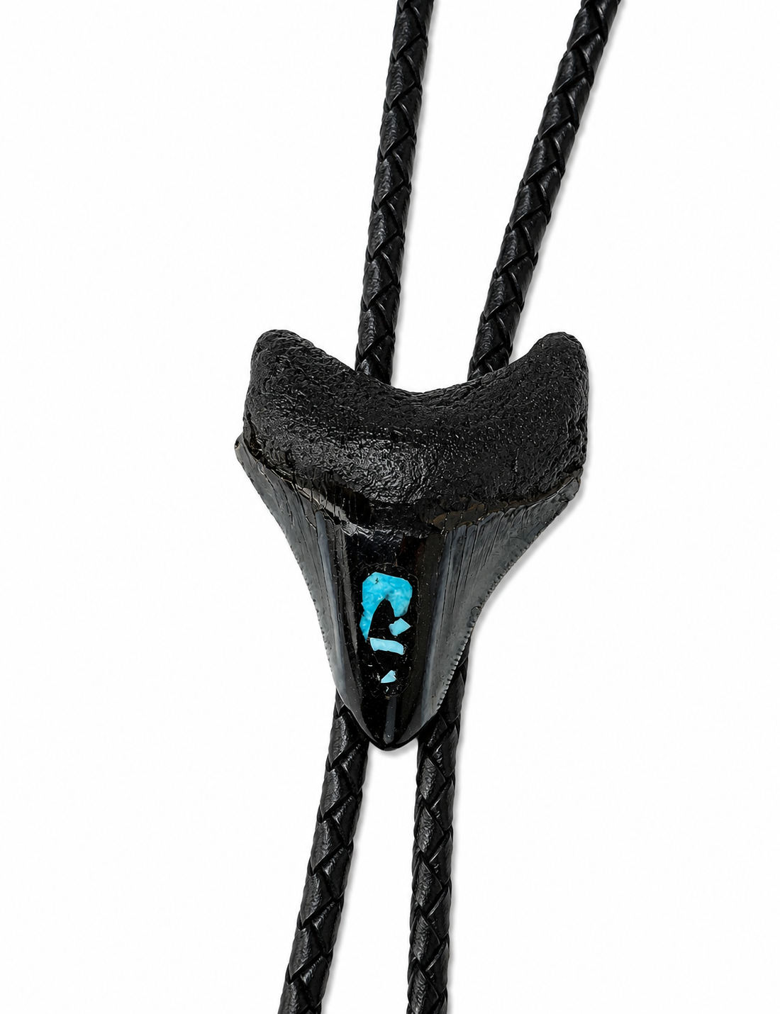 Medium 2.75” Inlayed Turquoise + Pyrite Tooth, Sterling Silver Premium Tips, Black Braided Leather