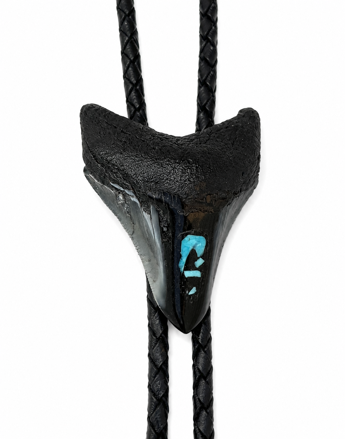 Medium 2.75” Inlayed Turquoise + Pyrite Tooth, Sterling Silver Premium Tips, Black Braided Leather