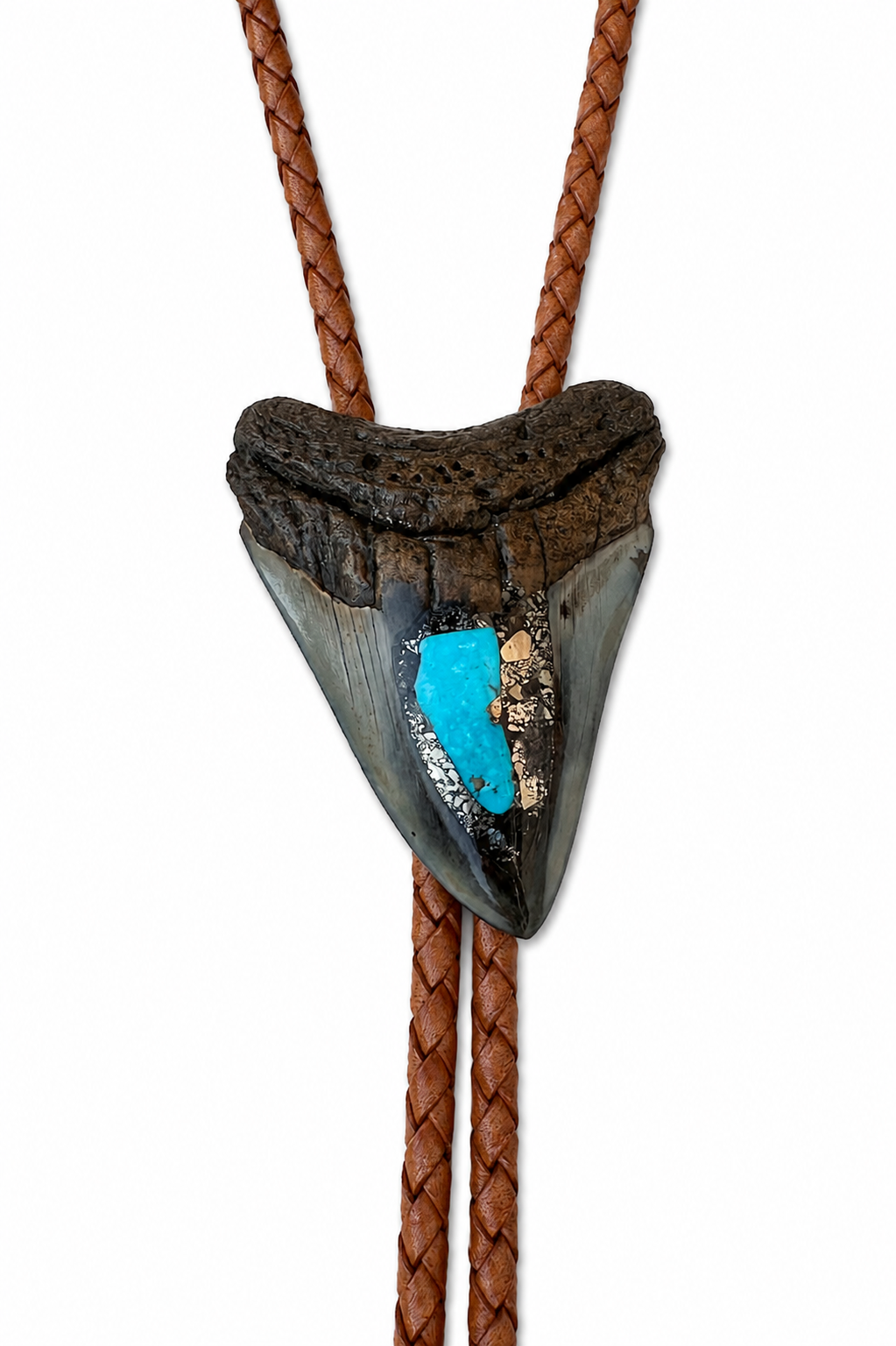 Medium 2.75” Inlayed Turquoise + Pyrite Tooth, Chrome Tips, Light Brown Braided Leather