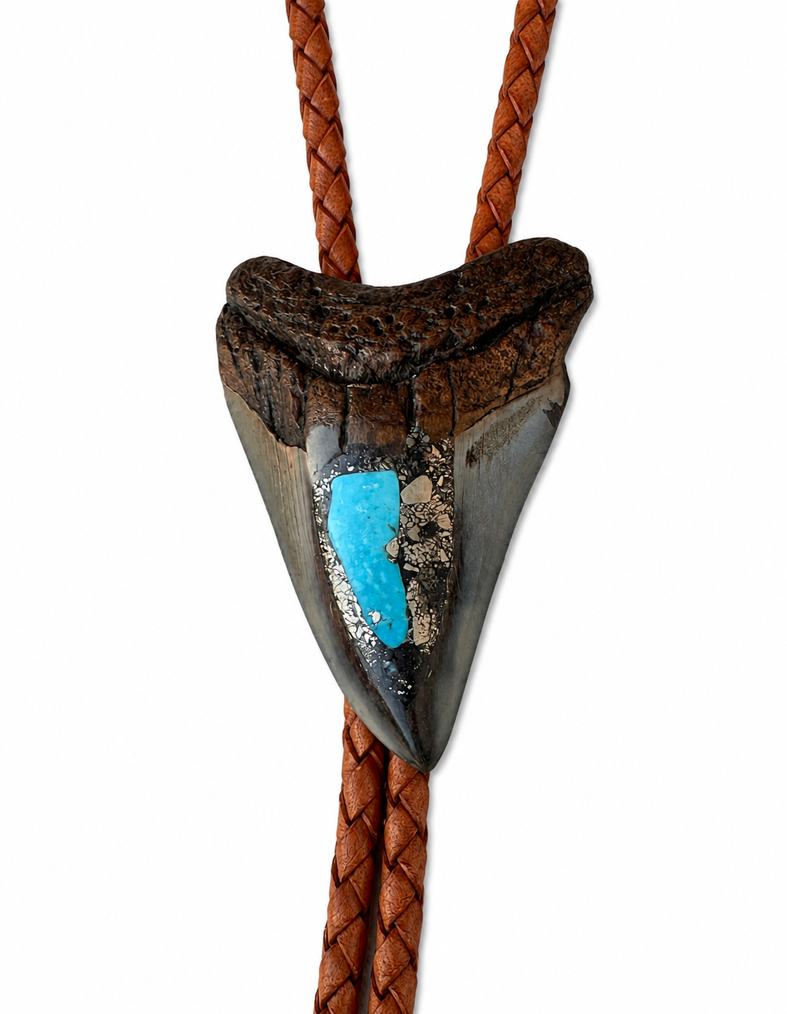 Medium 2.75” Inlayed Turquoise + Pyrite Tooth, Chrome Tips, Light Brown Braided Leather