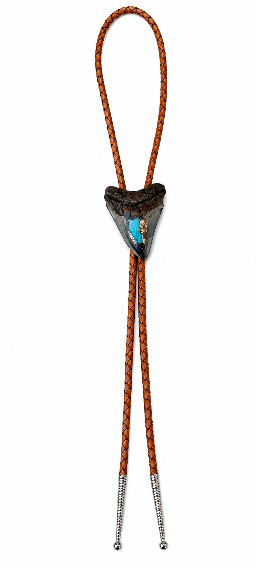 Medium 2.75” Inlayed Turquoise + Pyrite Tooth, Chrome Tips, Light Brown Braided Leather