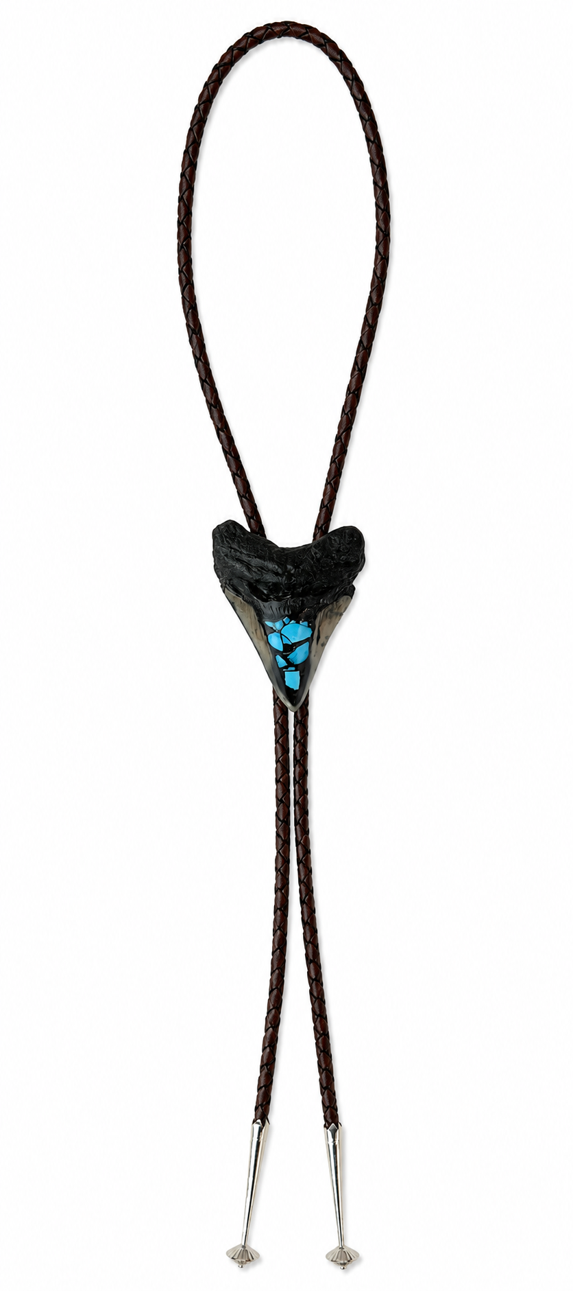 Medium 2.9” Inlayed Turquoise + Pyrite Tooth, Sterling Silver Premium Tips, Dark Brown Braided Leather