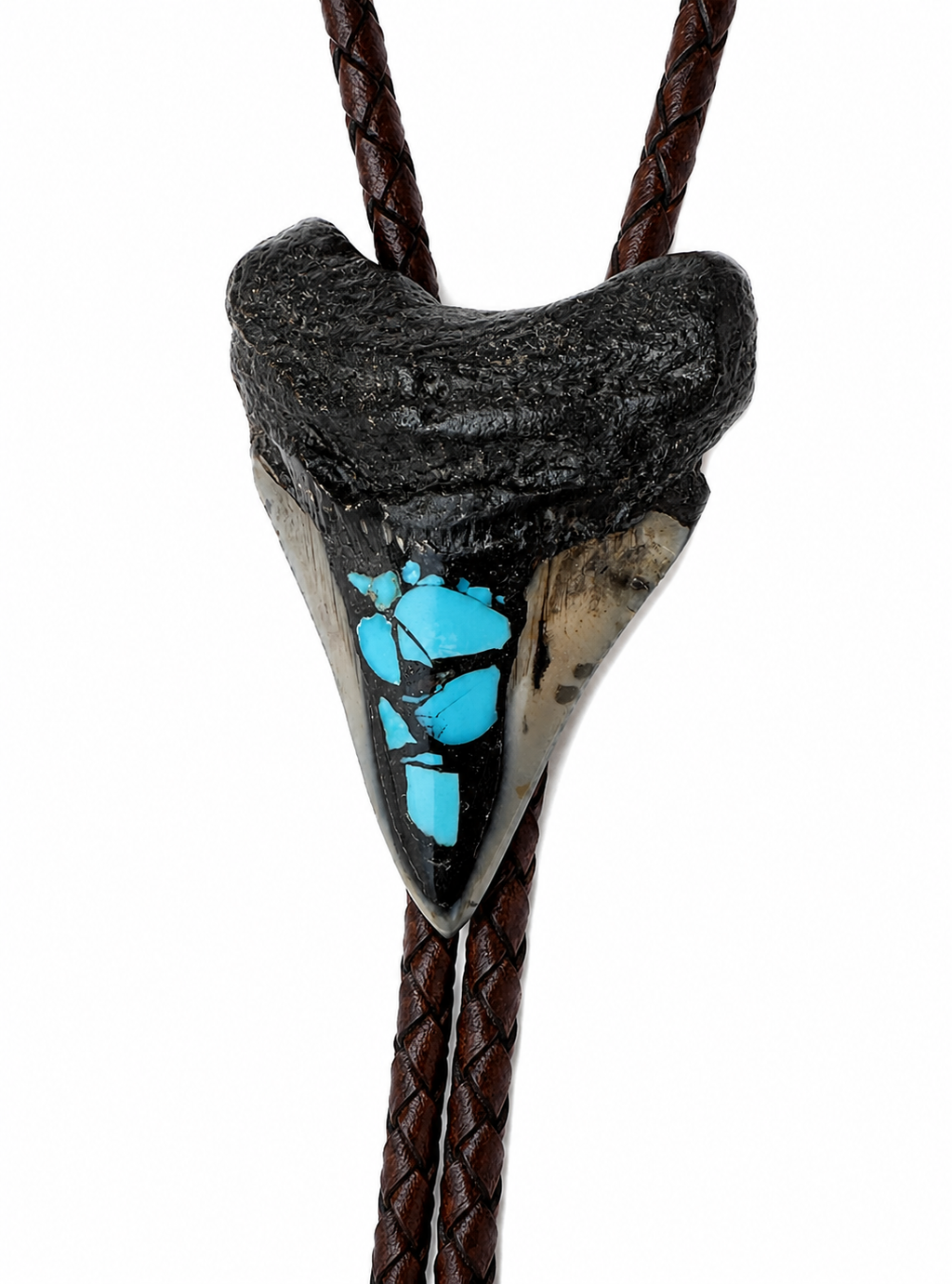 Medium 2.9” Inlayed Turquoise + Pyrite Tooth, Sterling Silver Premium Tips, Dark Brown Braided Leather