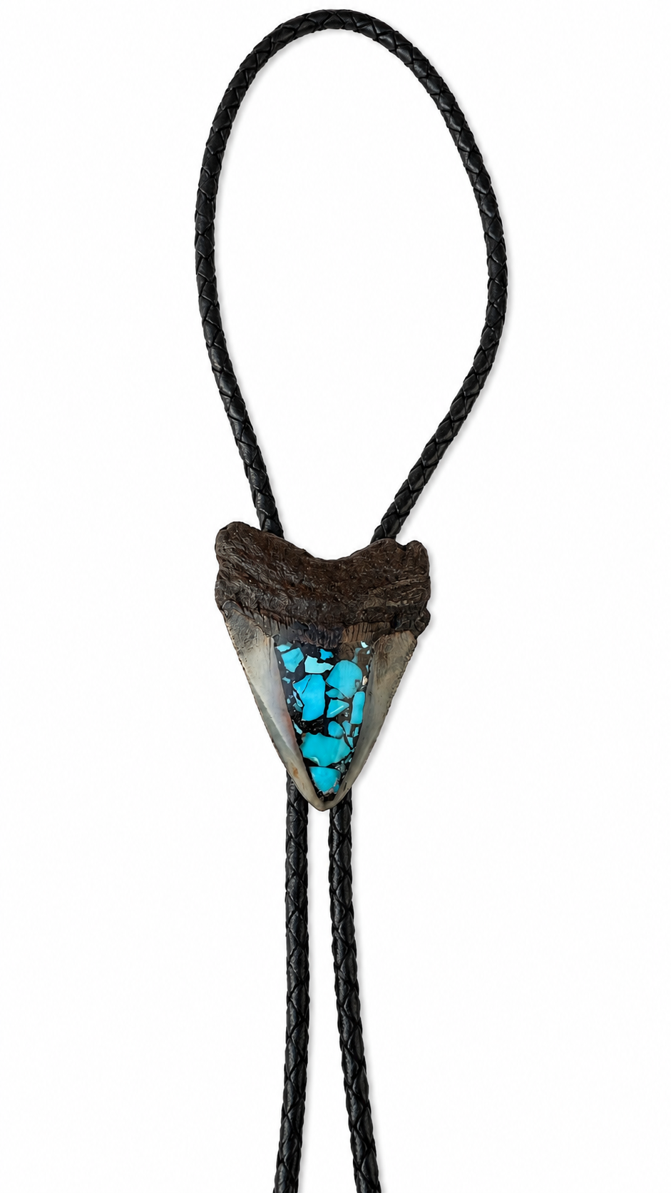 Medium 2.75” Inlayed Turquoise + Pyrite Tooth, Chrome Tips, Black Braided Leather