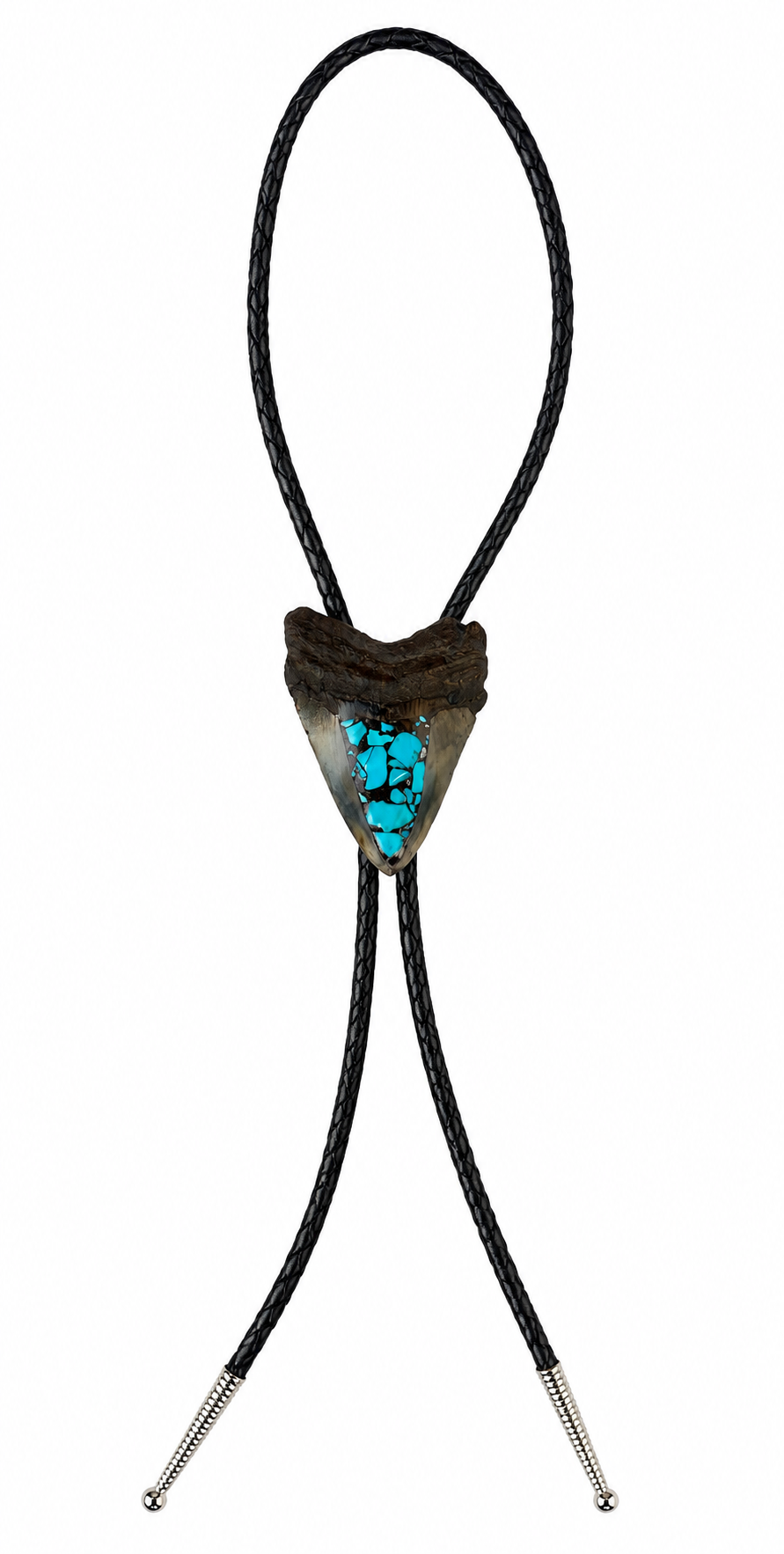 Medium 2.75” Inlayed Turquoise + Pyrite Tooth, Chrome Tips, Black Braided Leather
