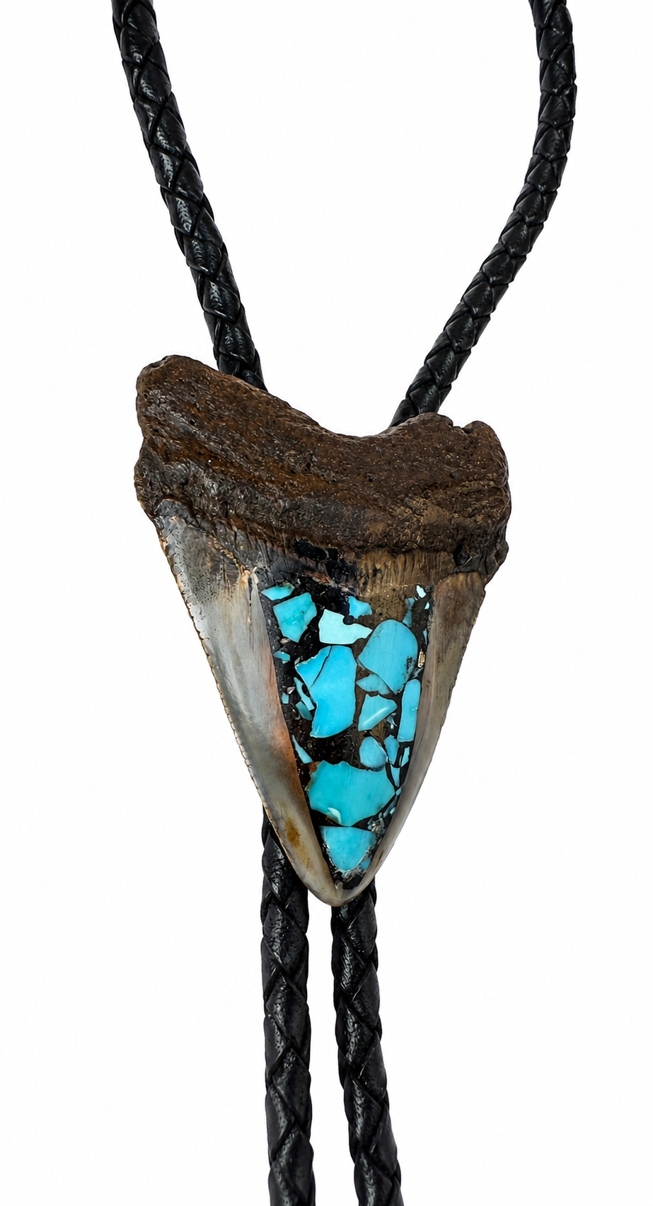 Medium 2.75” Inlayed Turquoise + Pyrite Tooth, Chrome Tips, Black Braided Leather