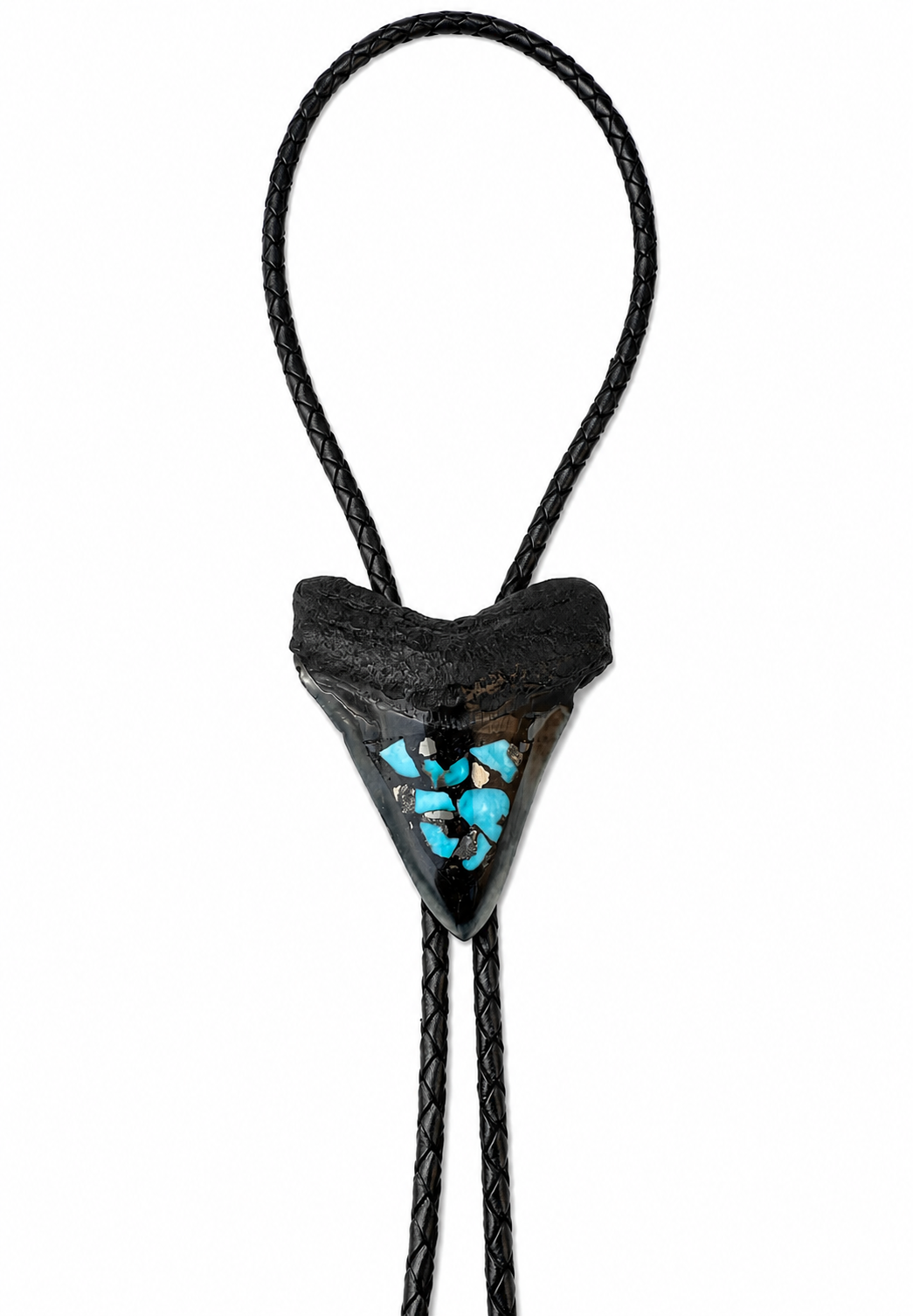 Large 3.25” Inlayed Turquoise + Pyrite Tooth, Black Tips, Black Braided Leather