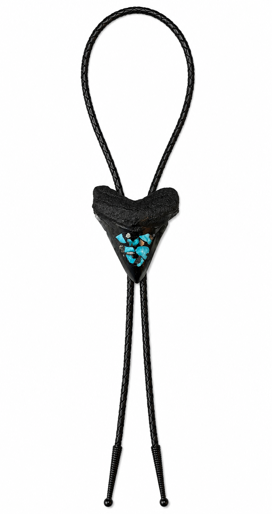 Large 3.25” Inlayed Turquoise + Pyrite Tooth, Black Tips, Black Braided Leather