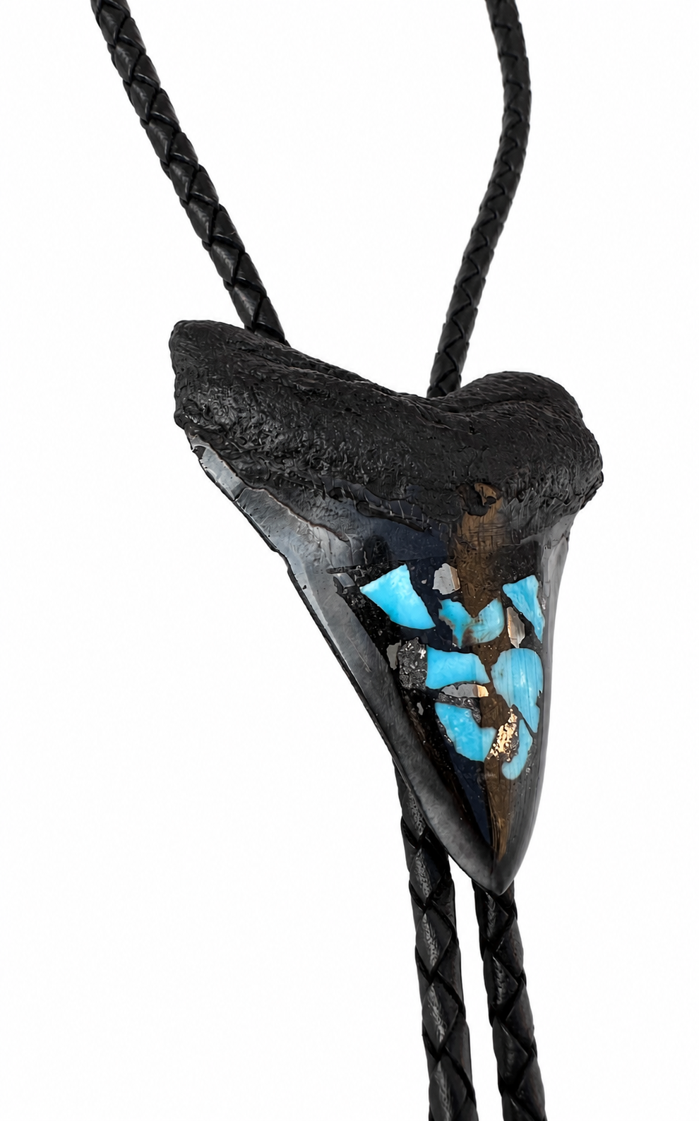 Large 3.25” Inlayed Turquoise + Pyrite Tooth, Black Tips, Black Braided Leather