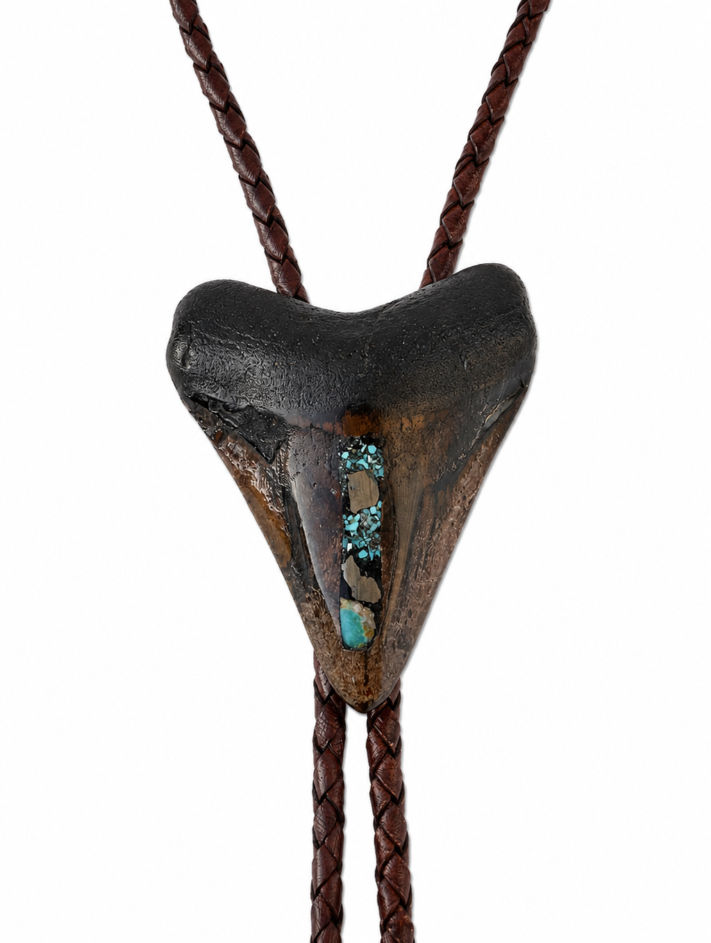 Large 3” Inlayed Turquoise + Pyrite Tooth, Sterling Silver Premium Tips, Dark Brown Braided Leather