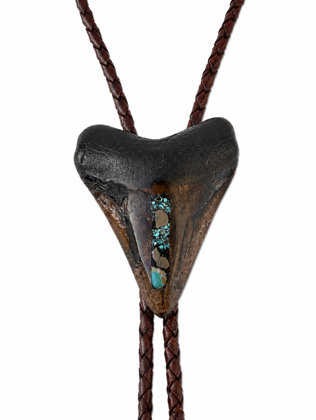 Large 3” Inlayed Turquoise + Pyrite Tooth, Sterling Silver Premium Tips, Dark Brown Braided Leather