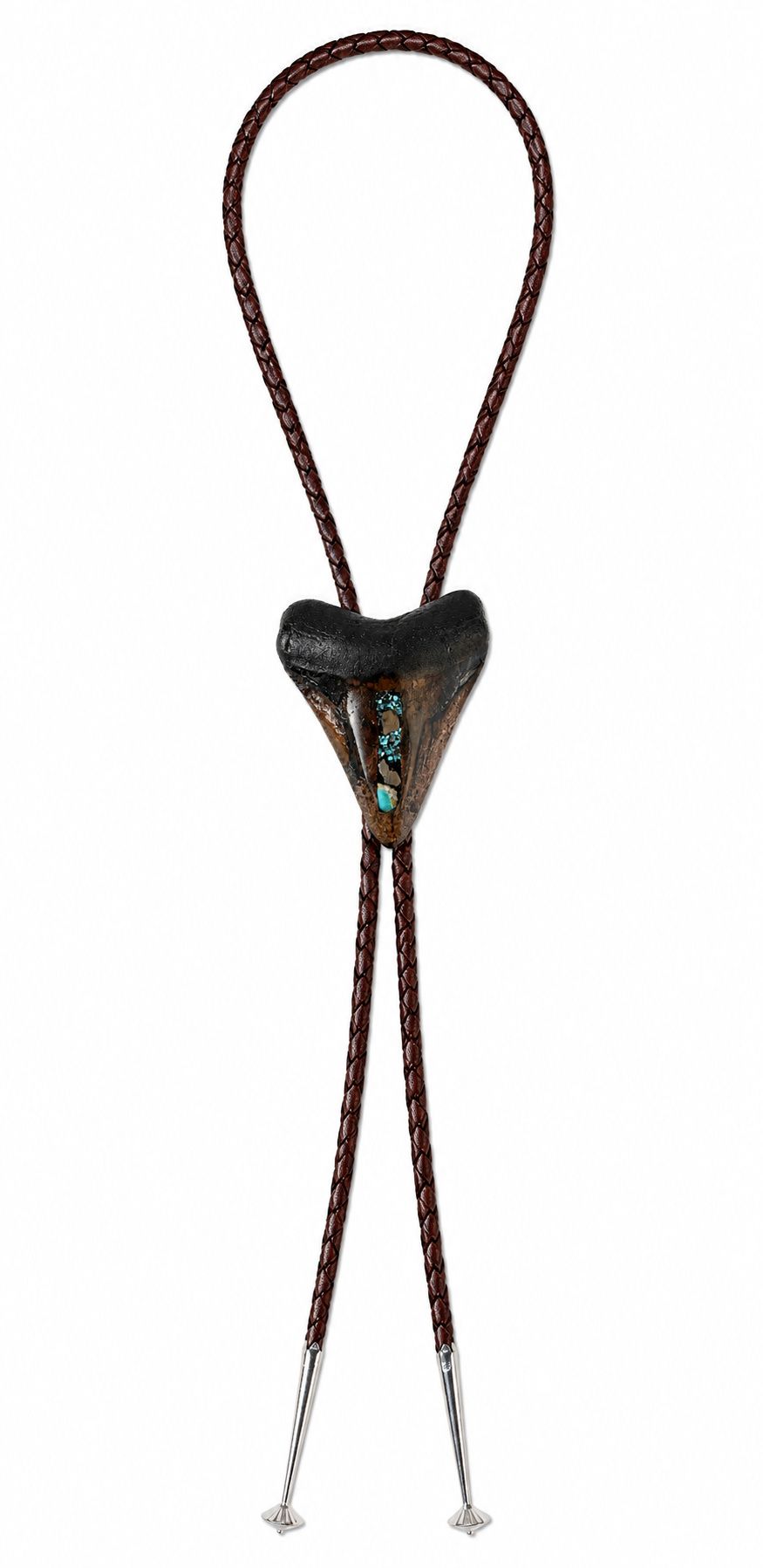 Large 3” Inlayed Turquoise + Pyrite Tooth, Sterling Silver Premium Tips, Dark Brown Braided Leather