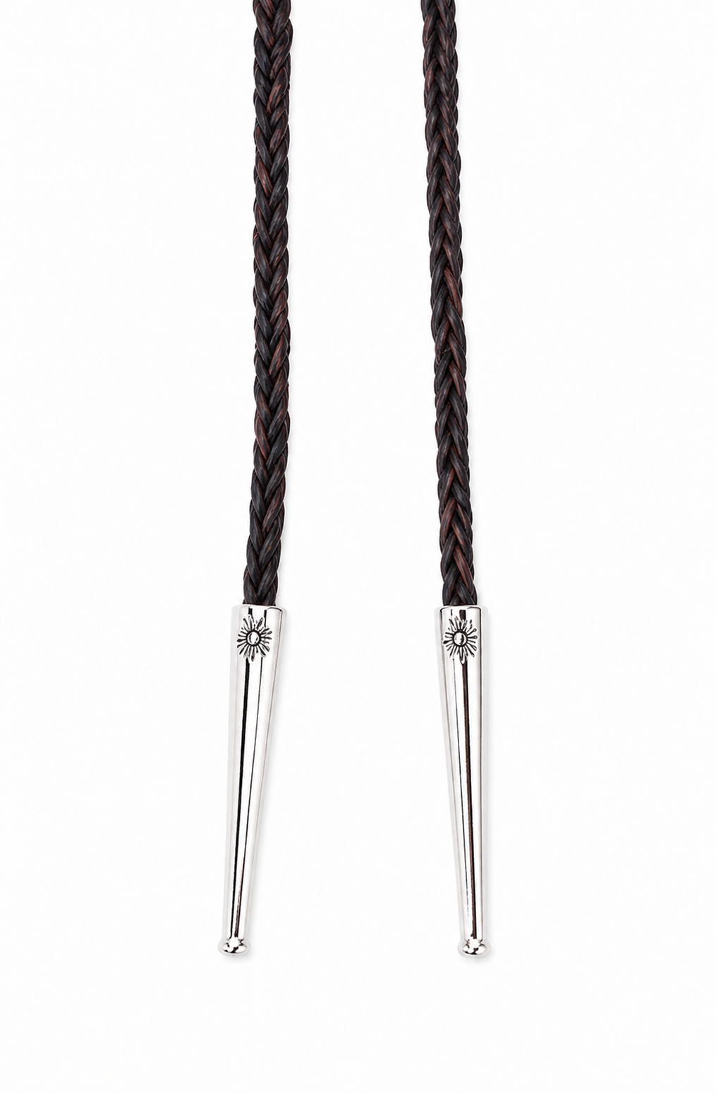 Small 2.25” Multicolor Megalodon Tooth Bolo - Black, Brown, Blue Tooth, Chrome Tips, Brown Braided 3mm Leather