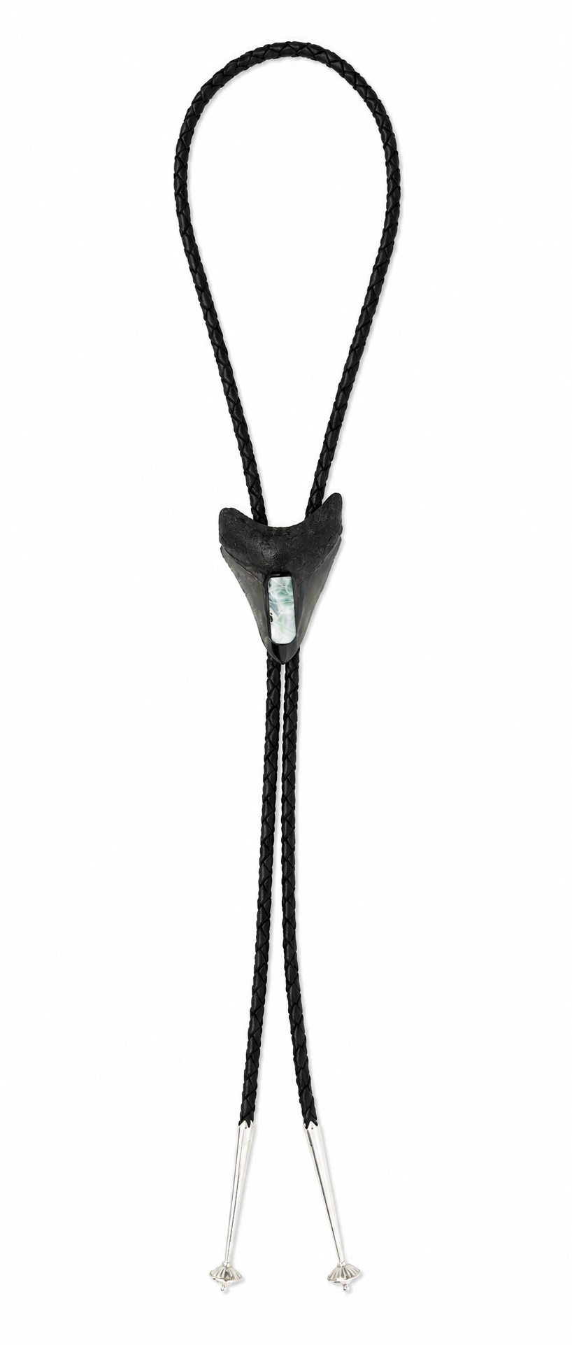 Medium 2.5” Black & Gray Megalodon Tooth Inlayed w/ Larimar , Sterling Silver Premium Tips, Black Braided Leather