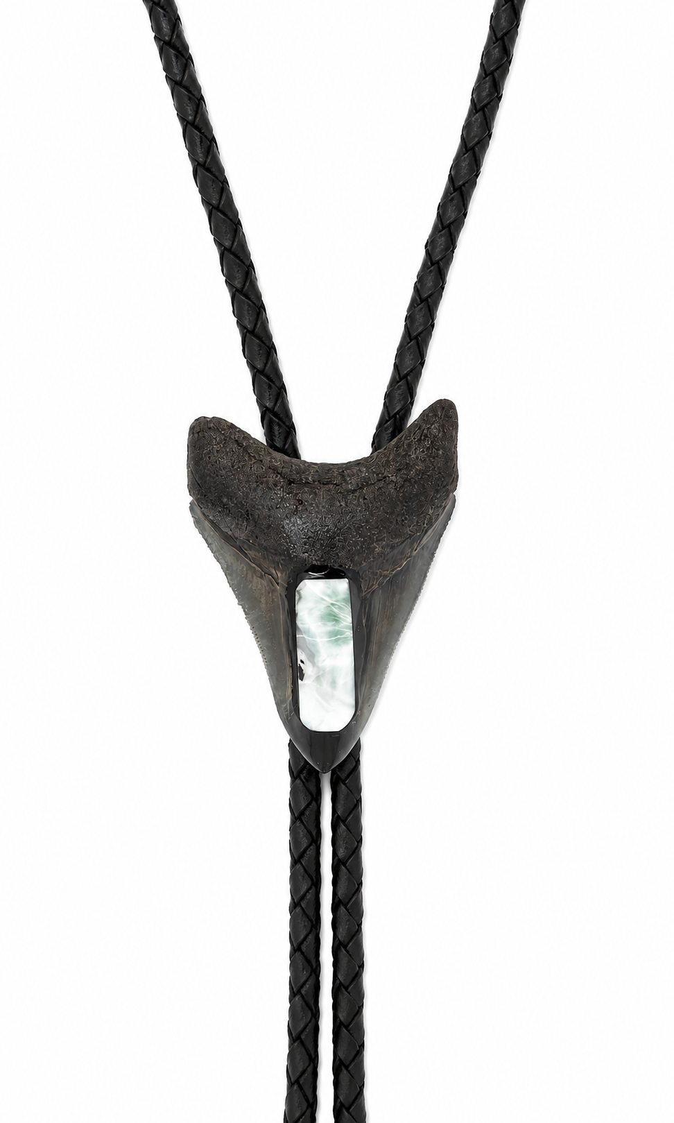 Medium 2.5” Black & Gray Megalodon Tooth Inlayed w/ Larimar , Sterling Silver Premium Tips, Black Braided Leather