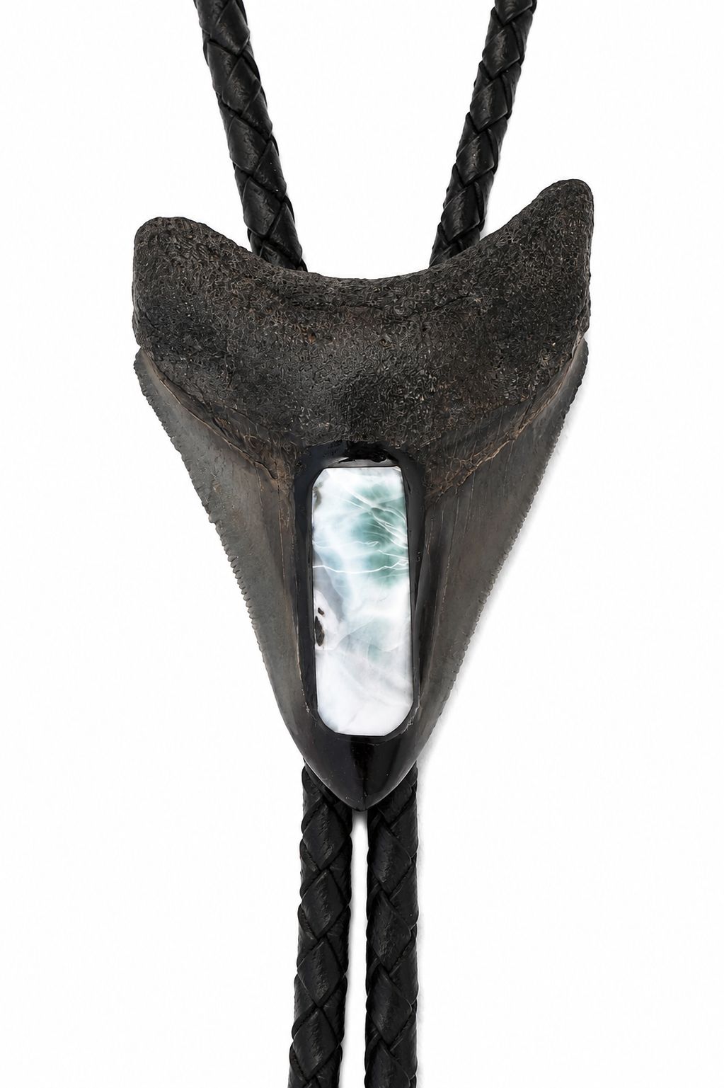 Medium 2.5” Black & Gray Megalodon Tooth Inlayed w/ Larimar , Sterling Silver Premium Tips, Black Braided Leather