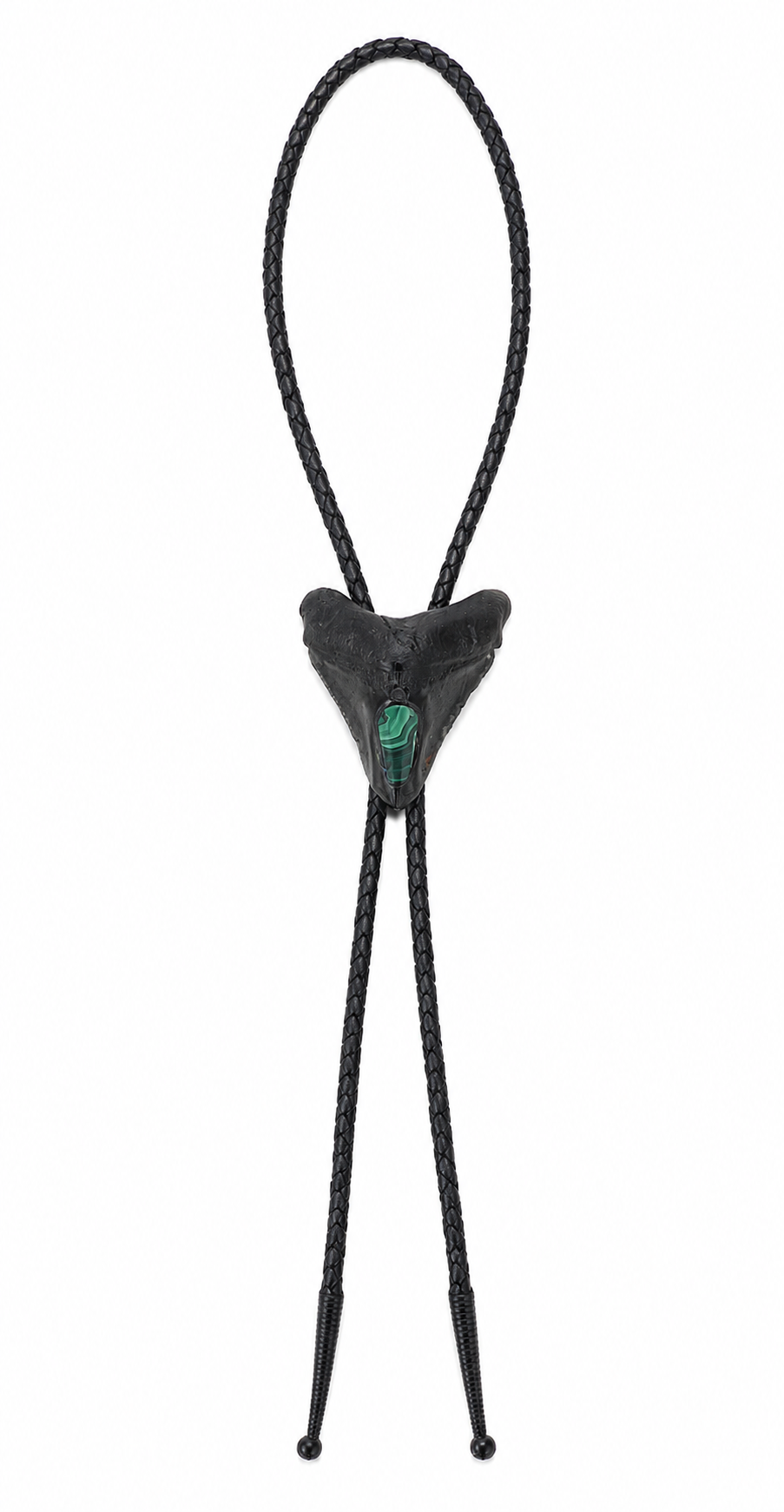 Medium 2.9” Black & Gray Megalodon Tooth Inlayed w/ Malachite, Black metal tips, Black Braided Leather