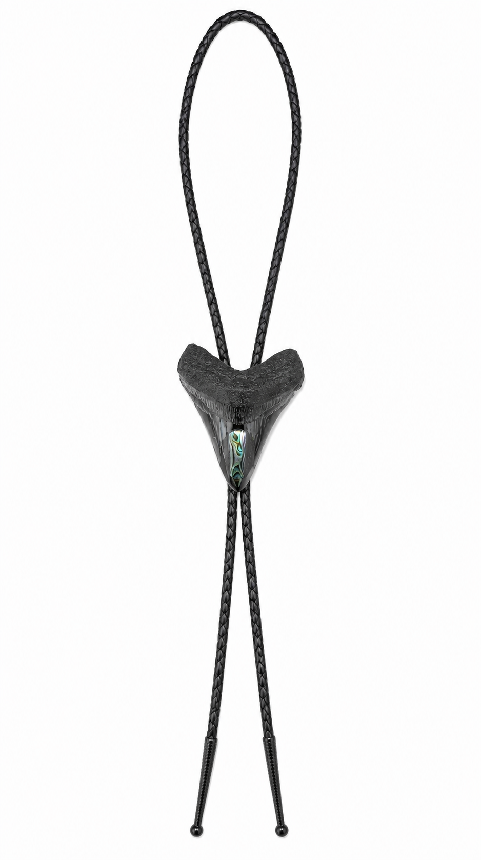 XL 3.5” Black & Gray Megalodon Tooth Inlayed w/ Abalone Shell, Black metal tips, Black Braided Leather