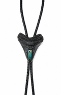 XL 3.5” Black & Gray Megalodon Tooth Inlayed w/ Abalone Shell, Black metal tips, Black Braided Leather
