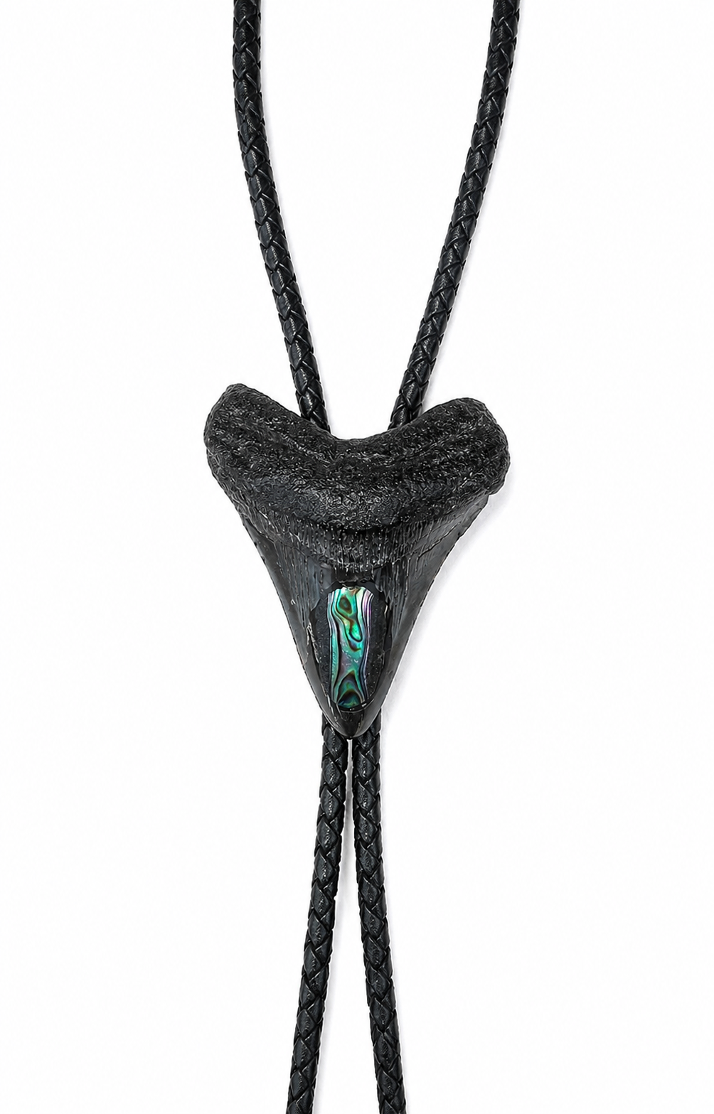 XL 3.5” Black & Gray Megalodon Tooth Inlayed w/ Abalone Shell, Black metal tips, Black Braided Leather