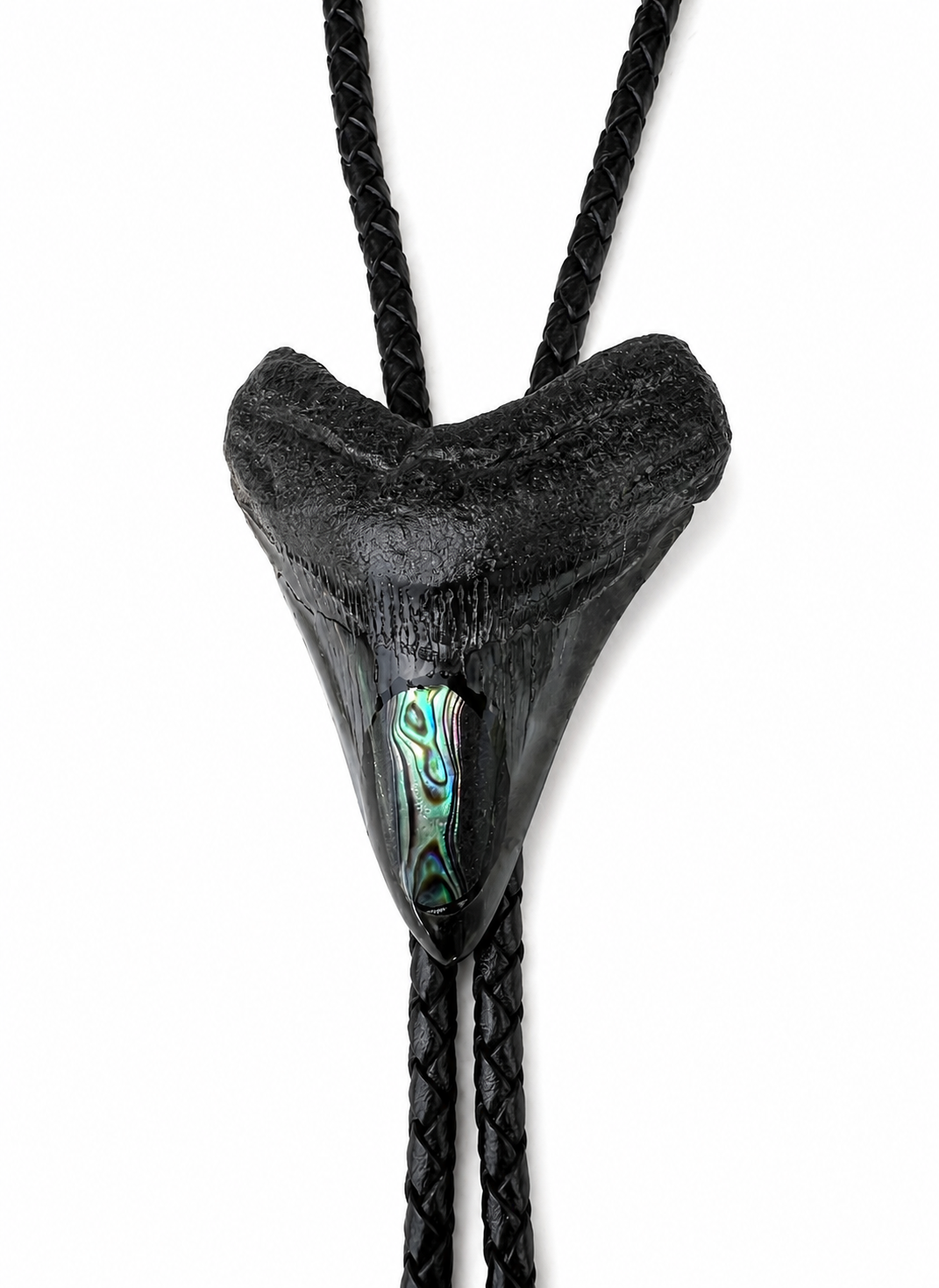 XL 3.5” Black & Gray Megalodon Tooth Inlayed w/ Abalone Shell, Black metal tips, Black Braided Leather